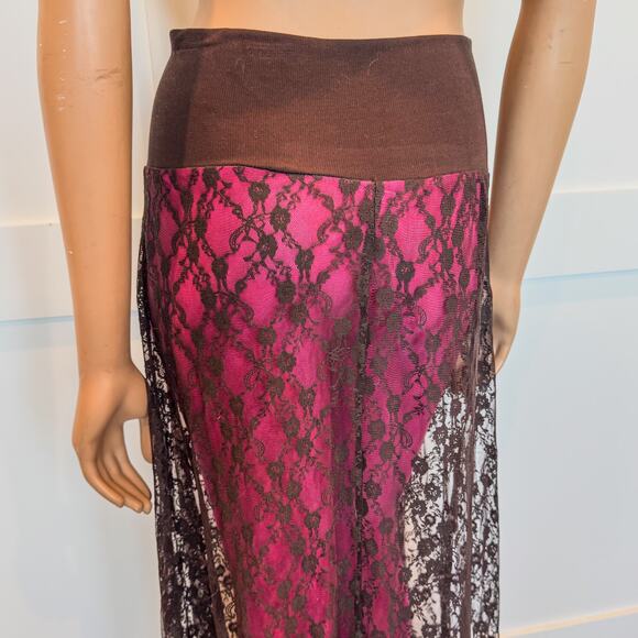 Elietian Ver'e'ne Western Brown Lace Maxi Skirt Attachd Hot Pink Leggings-Medium - Picture 4 of 9
